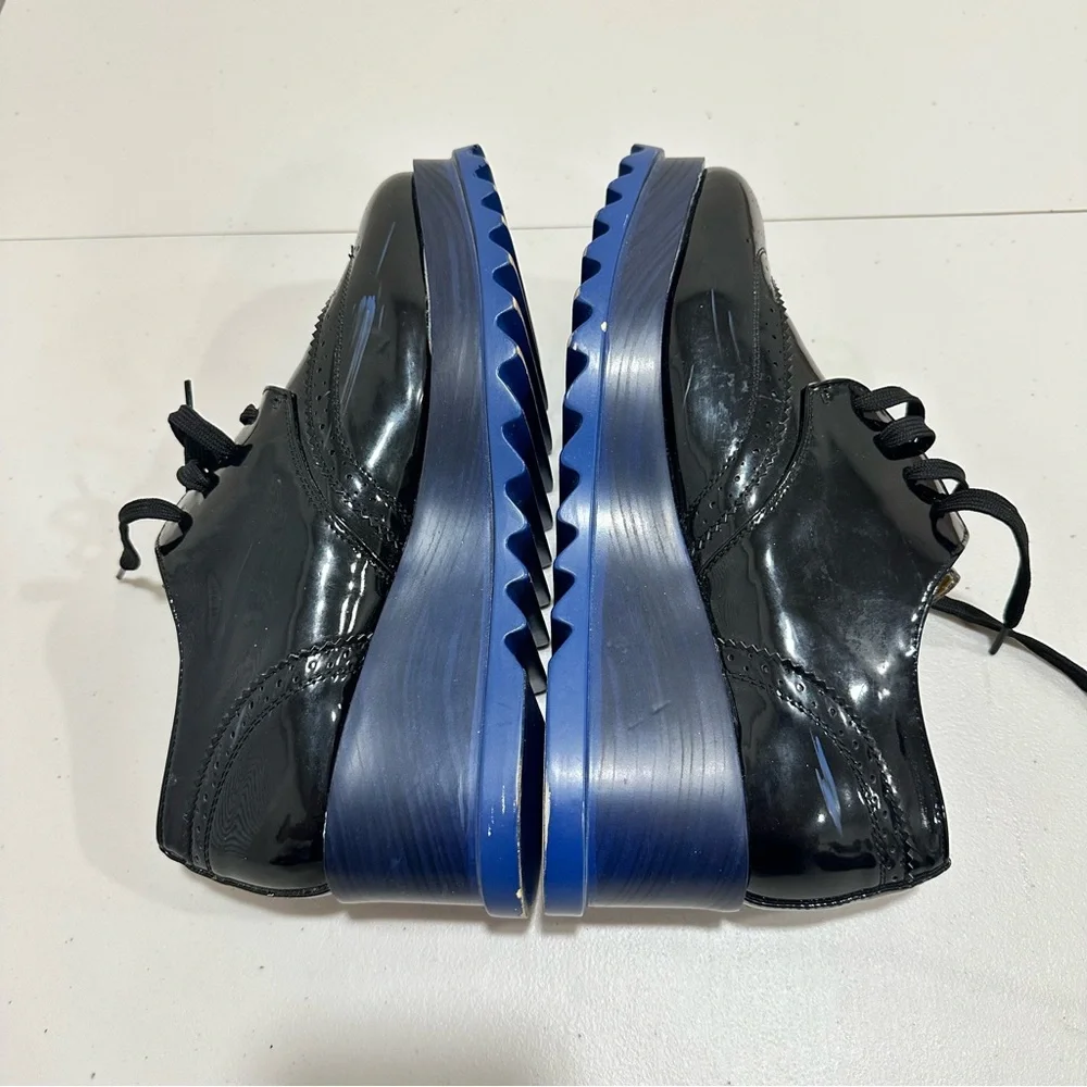 Via Pinky Black Patent Leather Platform Brogues Blue Sawtooth Sole size‎ 9,5